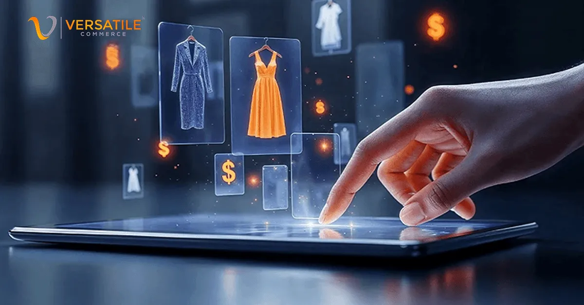 Shopper choosing products with prices shown on a digital interface