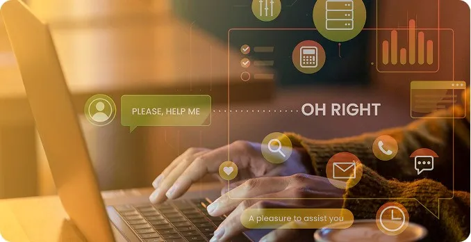 Chat bubbles floating over a laptop as a customer talks to an AI assistant