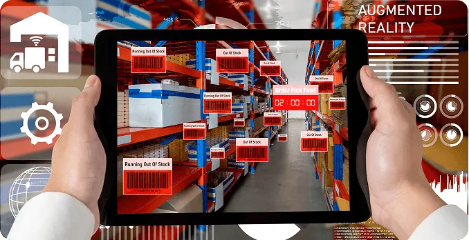 Warehouse worker scanning shelves through an augmented-reality tablet