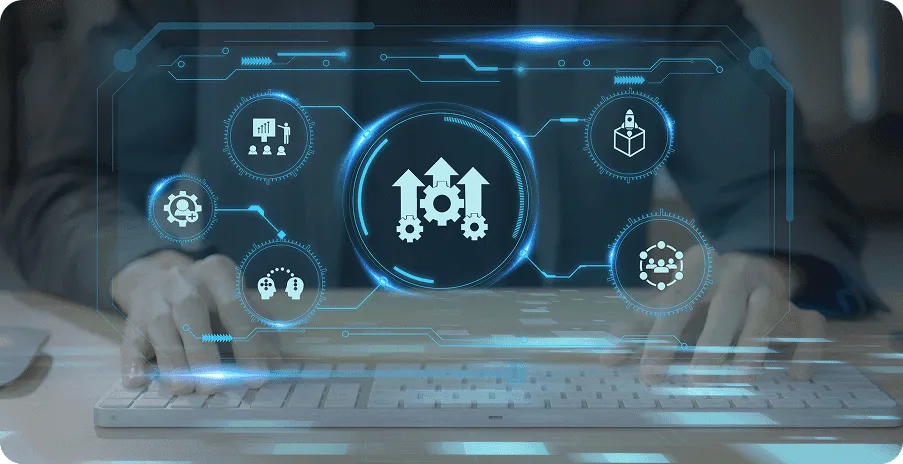 Network of connected process icons over a dashboard