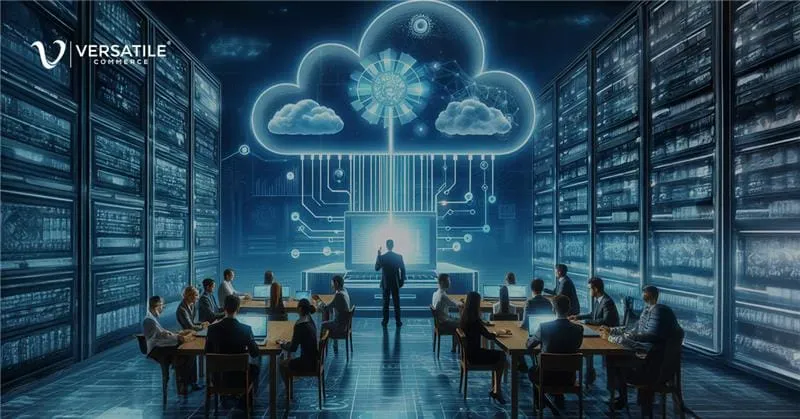 Server room with a glowing cloud above the racks
