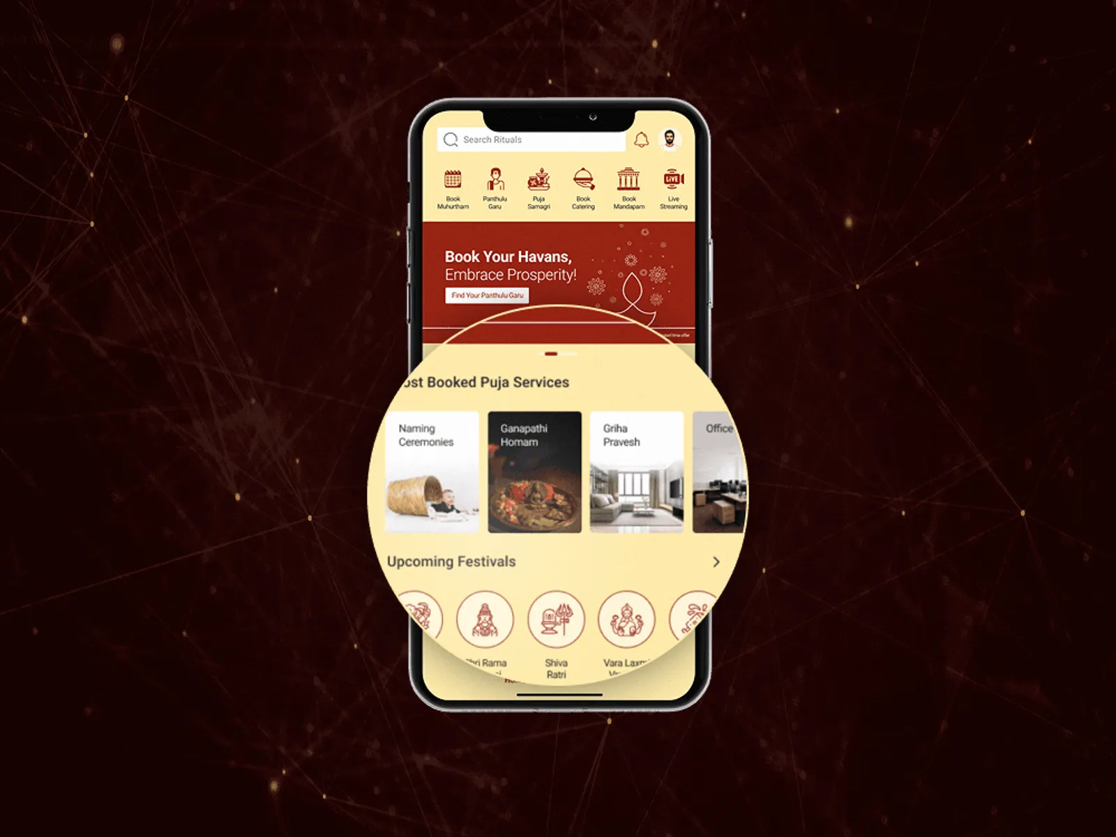 The Panthulu Garu app showing pooja services, upcoming festivals and havan bookings