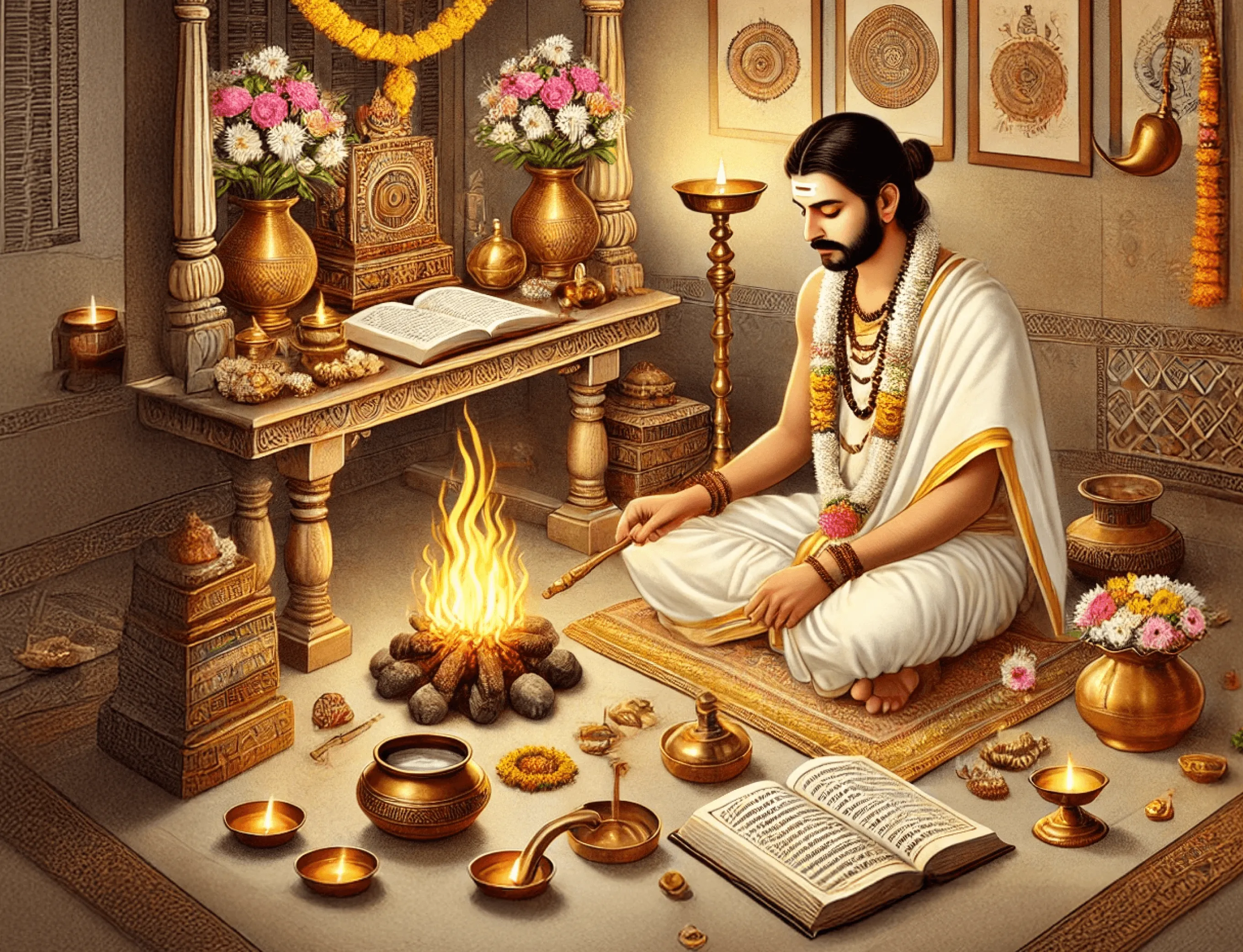 A priest performing a havan surrounded by traditional pooja items