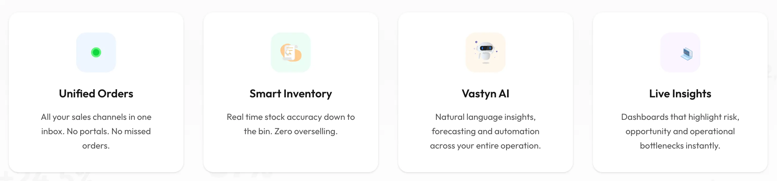Vastyn's four pillars: Unified Orders, Smart Inventory, Vastyn AI and Live Insights