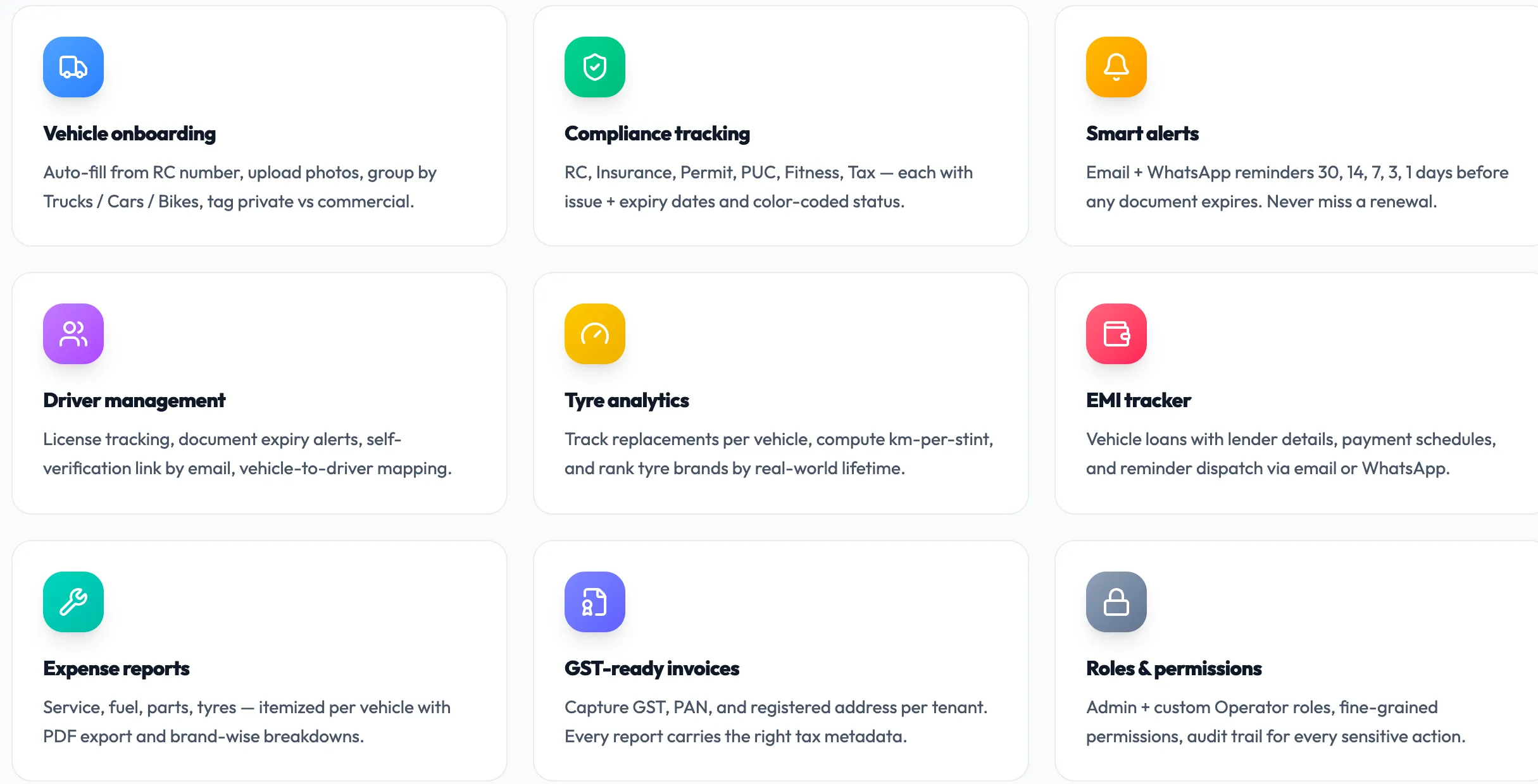 Yellow Track feature grid: onboarding, compliance tracking, smart alerts, drivers, tyres, EMIs, expenses, invoices and roles